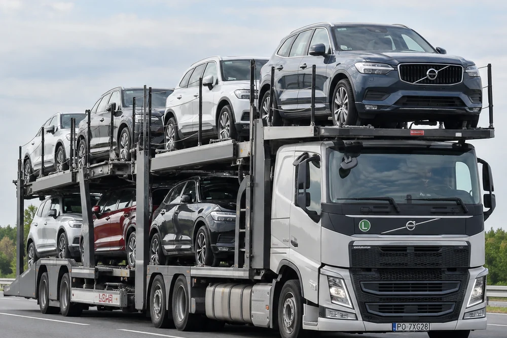 Un camion porte-voitures chargé de véhicules roule sur l’autoroute